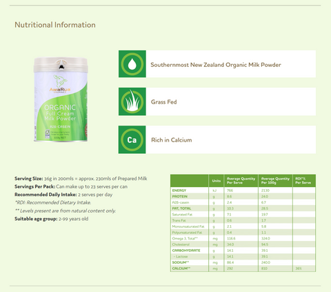 AwaRua Organic Full Cream Milk Powder - 830g